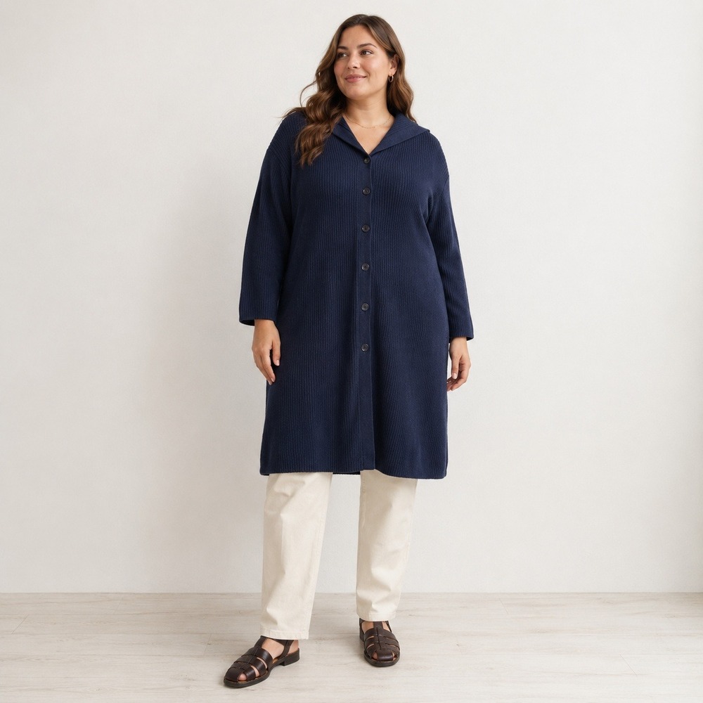 Vintage Y2k Lauren Ralph Lauren Navy Ribbed Cotton Longline Cardigan Sweater 3X